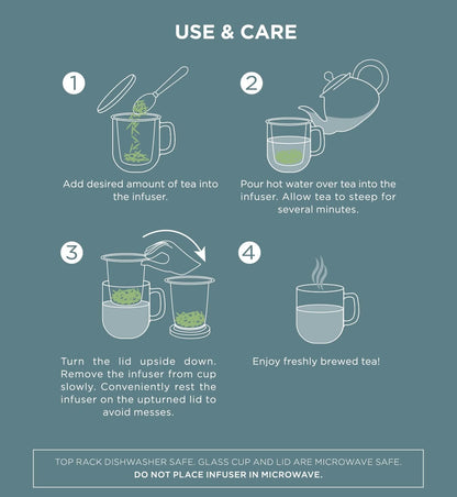 Teabloom Tea-For-One Steeping Mug – Insulated Double Wall Glass Mug (12 oz), Stainless Steel Infuser, Porcelain Lid/Coaster – Great For Brewing Loose Leaf Tea