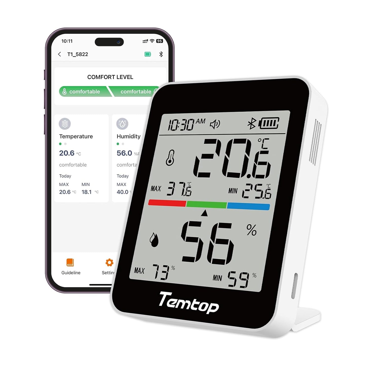 Temtop T1 Bluetooth Indoor Thermometer Hygrometer for Room Temperature | Humidity Notification Alerts, Data Export, Digital Gauge for Home, Office, Greenhouse, Garage, Nursery, Gift