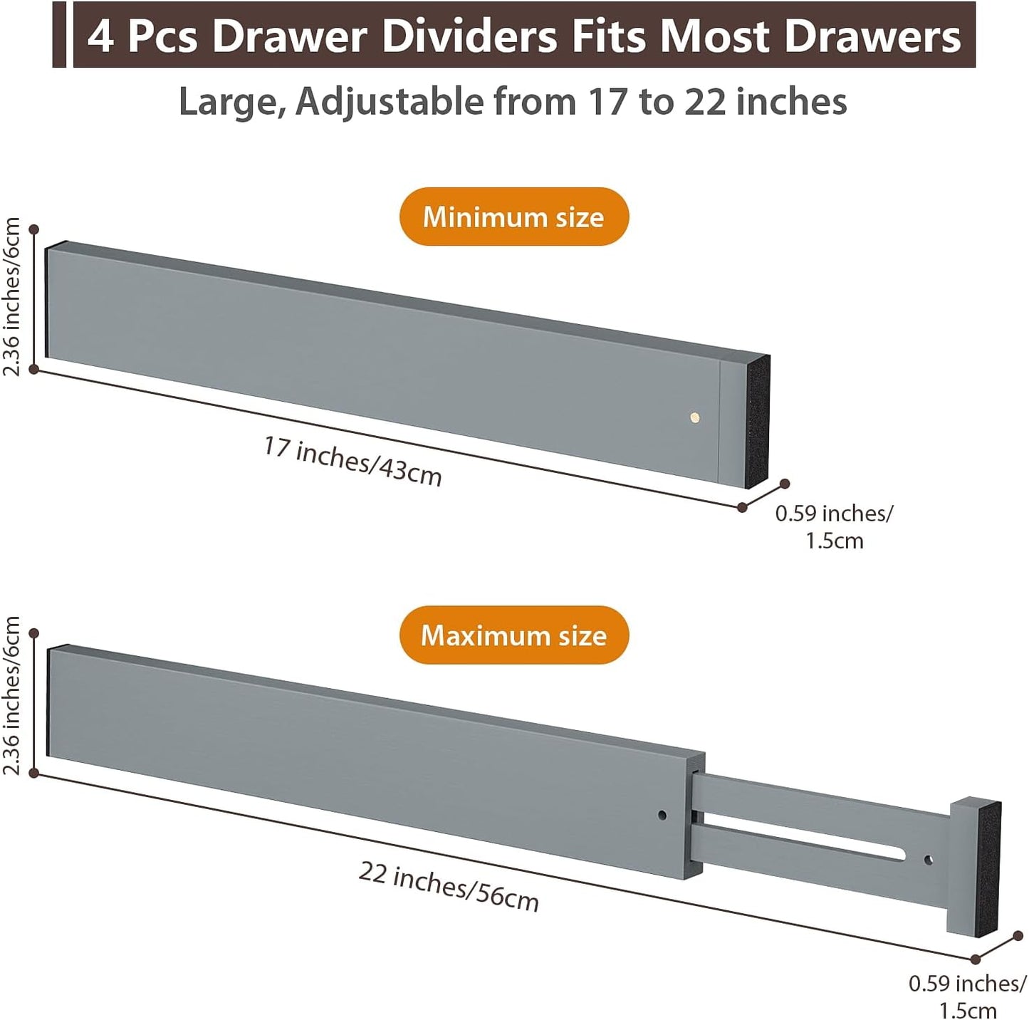 4 PCS Drawer Divider, 17"-22" Adjustable Bamboo Drawer Dividers Organizers, Expandable Separators for Kitchen, Clothes, Dressers, Home, Office