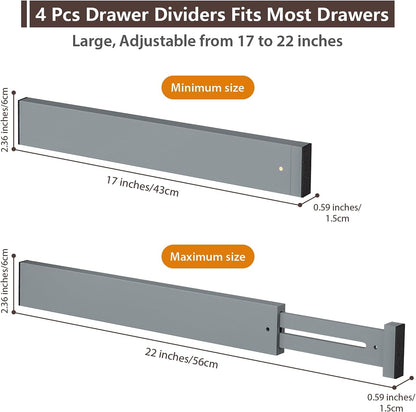 4 PCS Drawer Divider, 17"-22" Adjustable Bamboo Drawer Dividers Organizers, Expandable Separators for Kitchen, Clothes, Dressers, Home, Office