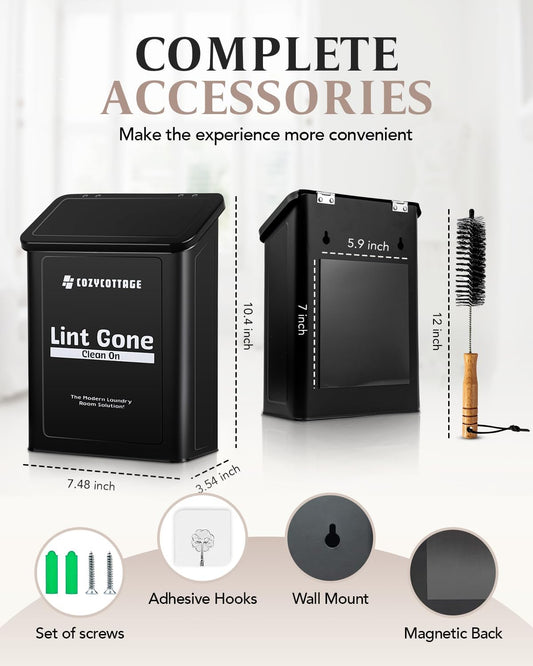 COZYCOTTAGE Magnetic Lint Bin for Laundry Room with Dryer Lint Brush - Slim Wall Mounted Trash Can with Lid - Modern Farmhouse Storage Organizer & Debris Collector - Space-Saving White Metal Holder