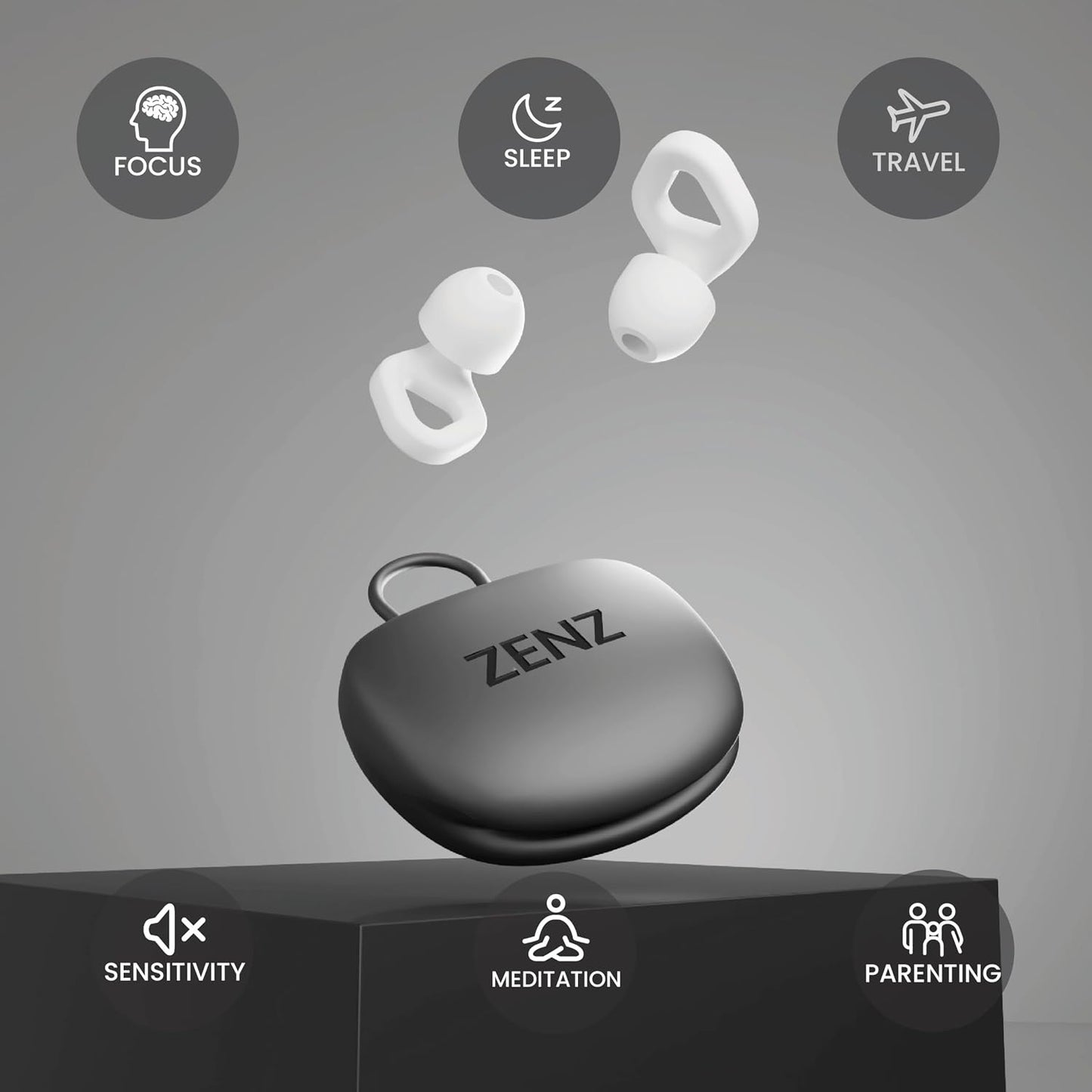 Zenz Unwind Ear Plugs for Sleeping Noise Reduction - Comfy Reusable Soft Silicone Earplugs for Focus, Study, Work - 8 Pair Eartips in XS/S/M/L - 27dB Hearing Protection with Storage Case - Onyx Black