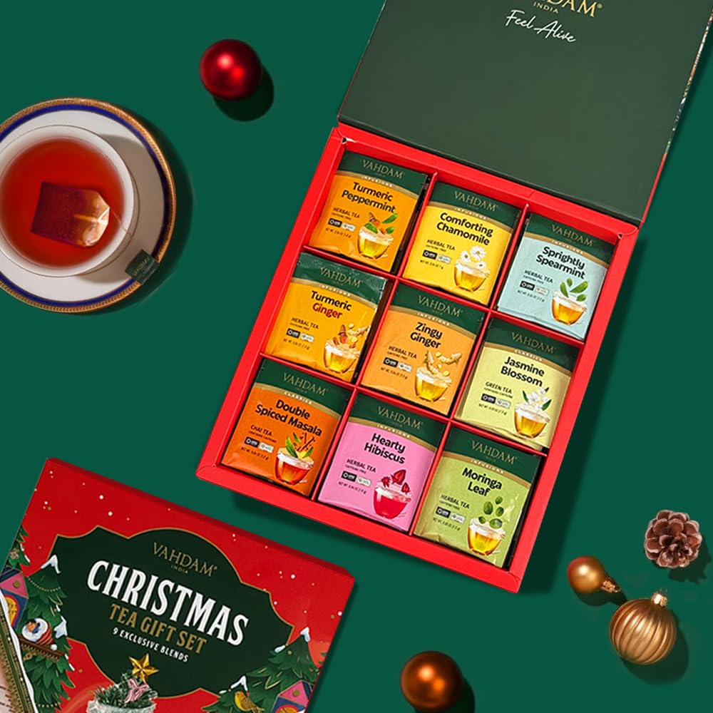 VAHDAM, Assorted Herbal Tea Sampler (18 Tea Bags, 9 Flavors) Caffeine-Free, Non-GMO | Double Infusion, Individually Enveloped Tea Bags | Herbal Tea Assortmen