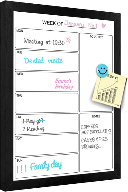 Weekly Dry Erase Whiteboard Calendar, 15.7"x11.8" Magnetic Surface Memo Board, Minimal Design Weekly Planner for Wall, Black Wood Frame Dry Erase Board for Office School Home(ZLBB-S-BK-2636)