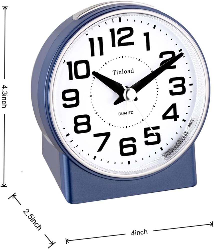 Tinload 4.3" No Ticking Analog Alarm Clock,Silent Readable for Seniors,Easy to Set,Gradual Rise Alarm,Big Numbers,On/Off Switch on Side,Gentle Wake,Snooze,Lighted on Demand,Battery Operated,Black