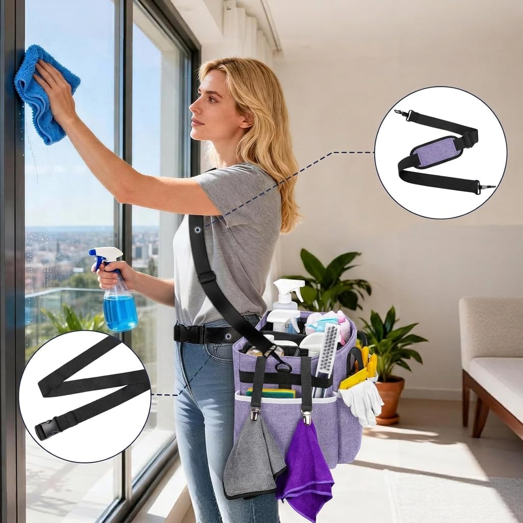 Ytonet Wearable Cleaning Caddy Bag, Large Cleaning Supplies Organizer, Blue | with 4 Foldable Dividers, Shoulder Strap&Waist Strap, Professional Cleaning Bag with Handle for Kitchen Housekeepers Cleaners