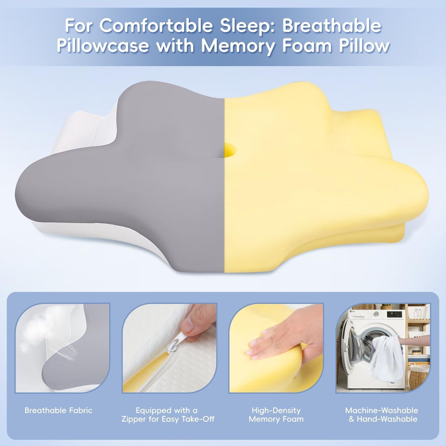 Cervical Neck Pillow, Memory Foam Pillows for Neck and Shoulder Pain Relief, 2 Heights Ergonomic Pillow with Breathable Ice Silk Cover, Neck Support Pillow for Side Sleepers White