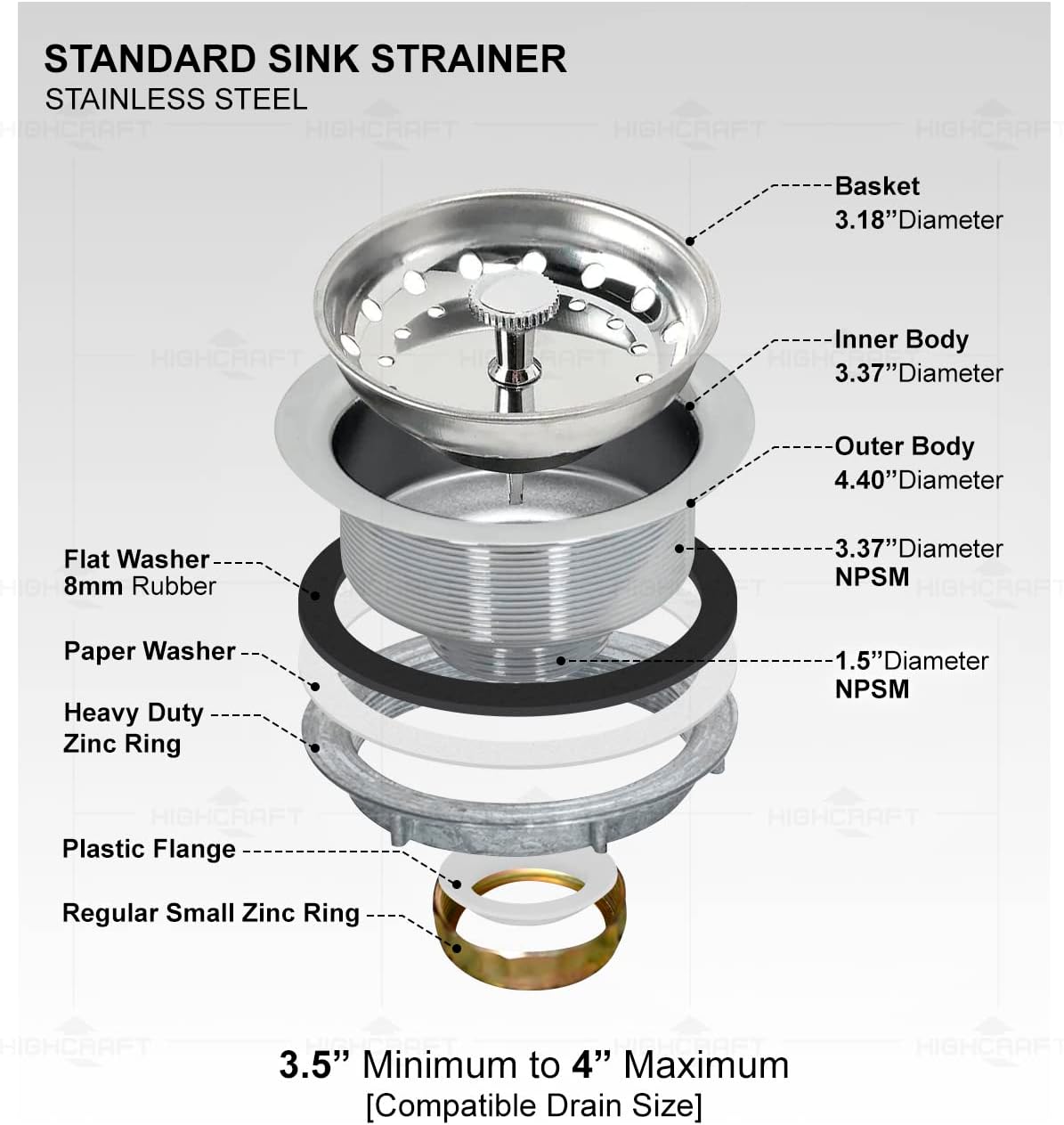Highcraft 9733 Kitchen Sink (3-1/2'' Inch) Stainless Steel Drain Assembly With Strainer Basket-and Rubber Stopper, 3.5