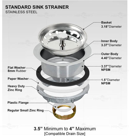 Highcraft 9733 Kitchen Sink (3-1/2'' Inch) Stainless Steel Drain Assembly With Strainer Basket-and Rubber Stopper, 3.5