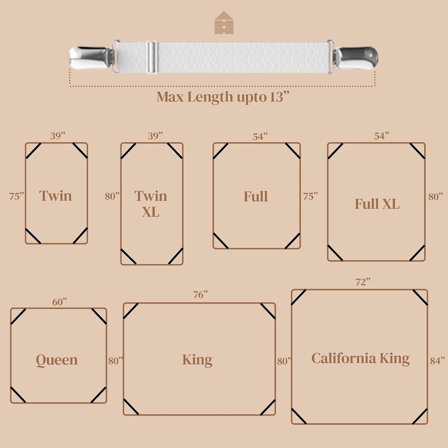 FeelAtHome Adjustable Bed Sheet Clips & Corner Fasteners, 4 Pack, White | Heavy Duty Elastic Straps Keep Fitted Sheets Securely in Place. Ideal Corner Holders for Twin, Queen, King, RV & Bunk Beds