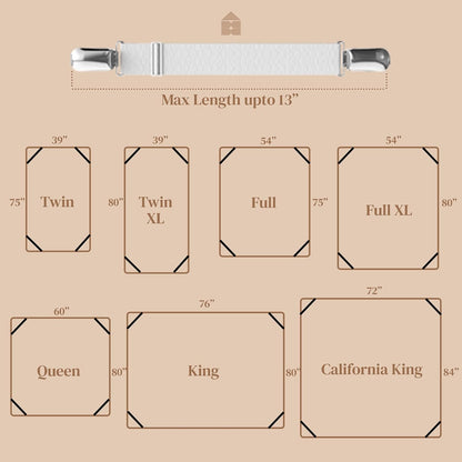 FeelAtHome Adjustable Bed Sheet Clips & Corner Fasteners, 4 Pack, White | Heavy Duty Elastic Straps Keep Fitted Sheets Securely in Place. Ideal Corner Holders for Twin, Queen, King, RV & Bunk Beds