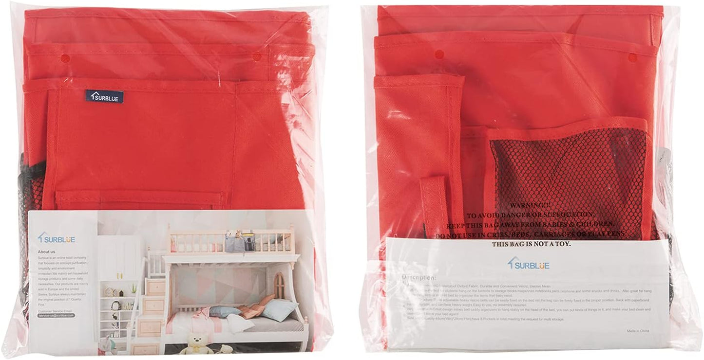 Surblue Bedside Caddy Hanging Organizer Storage Bag Pocket for Bunk, Hospital, College Dorm Rooms, Baby Bed Rails, Camp - 4 Pockets, 2 Hooks (Blue)