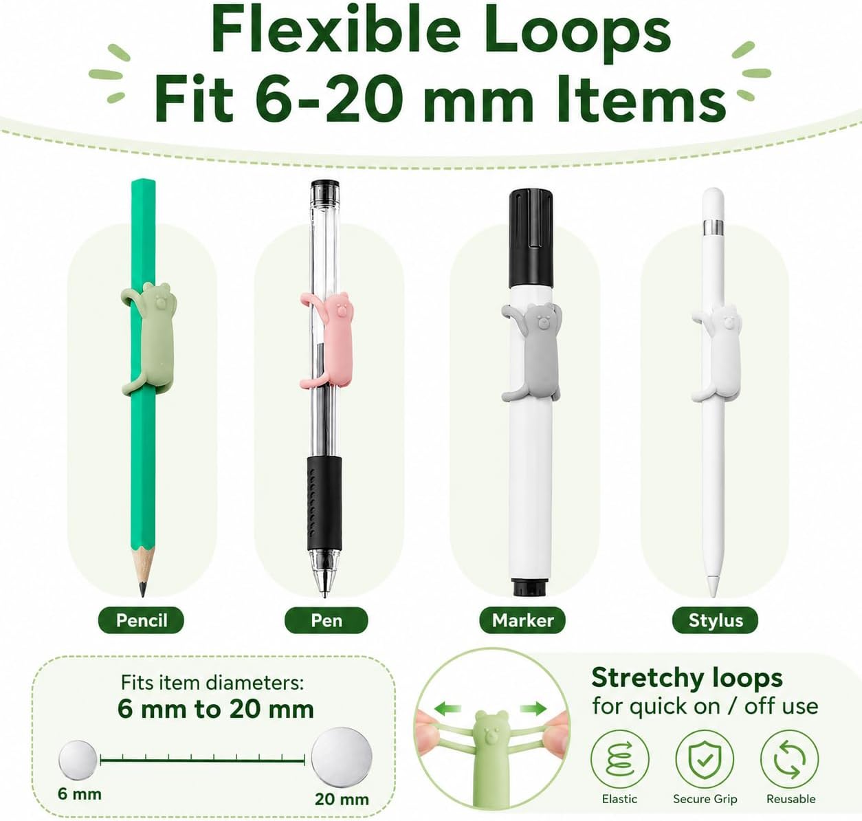 4 Pcs Magnetic Pen Holder for Refrigerator, Silicone Adjustable Pen Pencil Holder, Cute Bear Design Silicone Flexible Pencil Holder for Whiteboards, Desk, Clipboard (Multi-Color)
