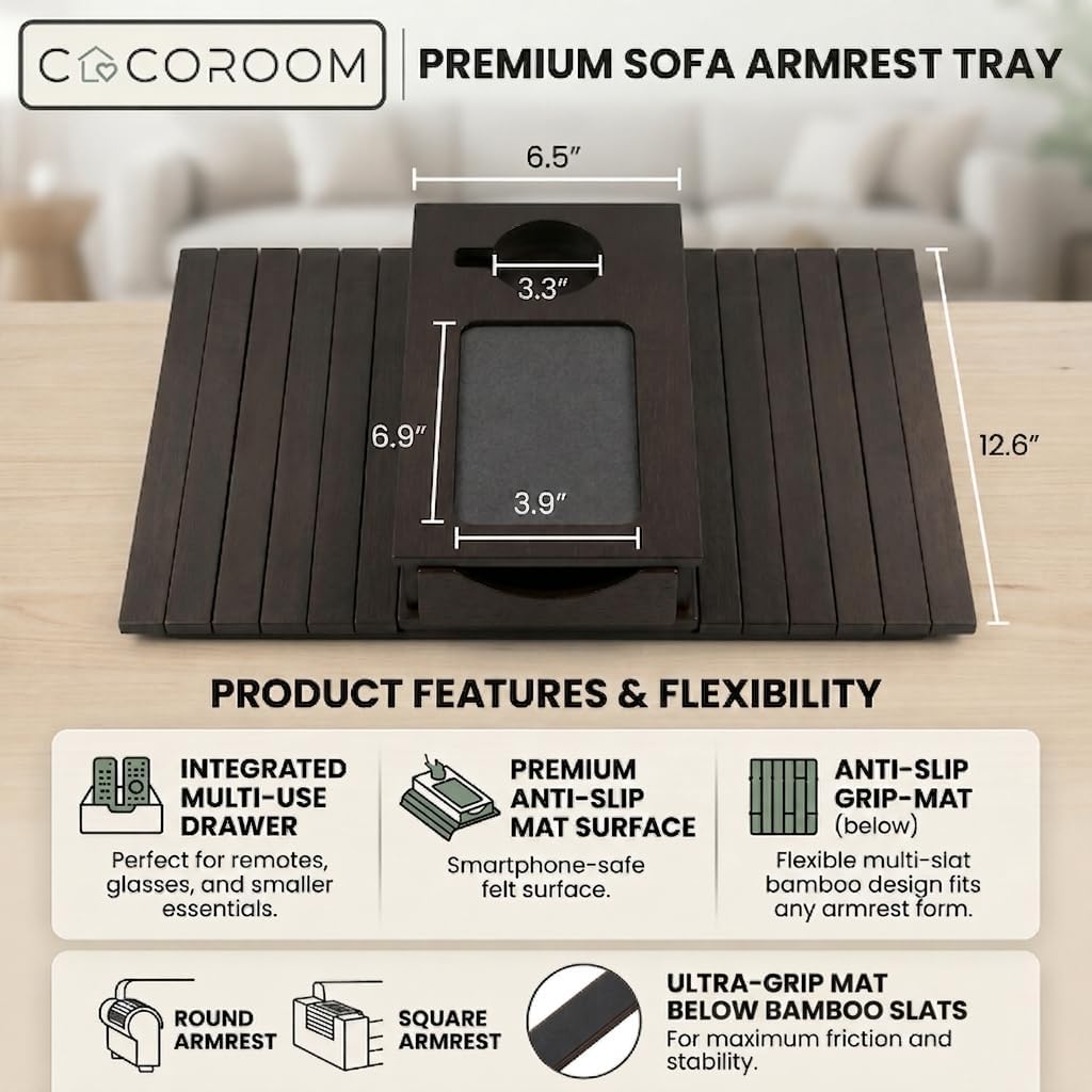 Sofa Arm Tray with Drawer, Bamboo Couch Armrest Table, Natural | Anti-slip phone pad | Wood finish | Hidden storage for remote, glasses, snacks | Fits armchair, recliner, chair, arm rests