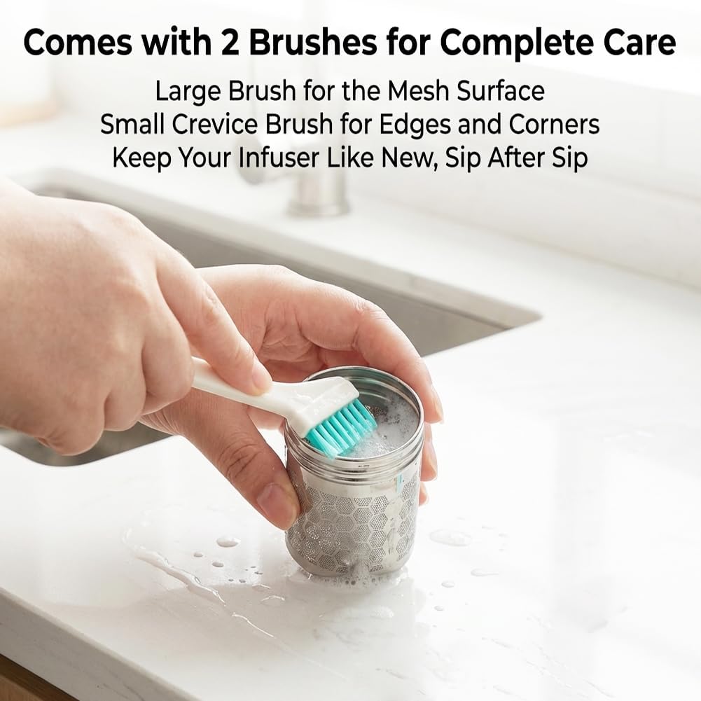 2 Pack Tea Infuser, Extra Fine Mesh Tea Steeper with Extended Chain S Hook and 2PCS Crevice Cleaning Brushes, 304 Stainless Steel Tea Strainers for Tea, Spices, Herbs & Seasonings
