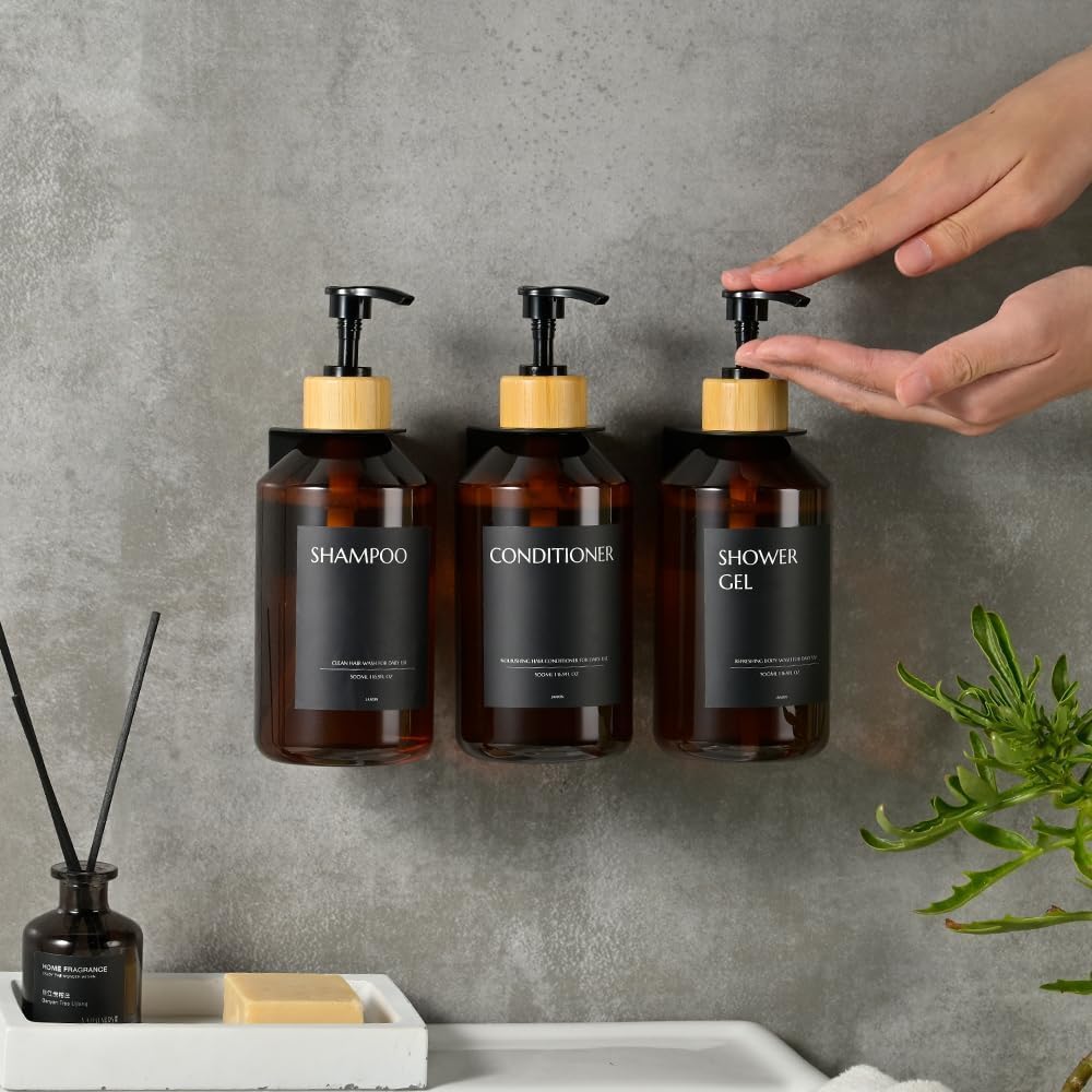 Shampoo and Conditioner Dispenser Set of 3 for Wall Mount | 16.9 fl oz Drill Free Shower Soap Bottles,Refillable Body Wash Dispensers for Bathroom Decor (Amber Bottles + Bamboo Pumps)
