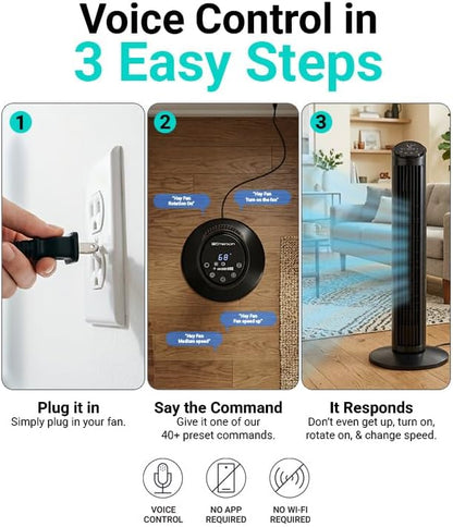 Emerson SmartVoice 40” Tower Fan, Wi-Fi-free Voice Control Fan, Hands-Free Cooling, No WiFi, No App, 70° Oscillation, 3 Speeds, 15-Hr Timer, Sleep Mode & Remote Control