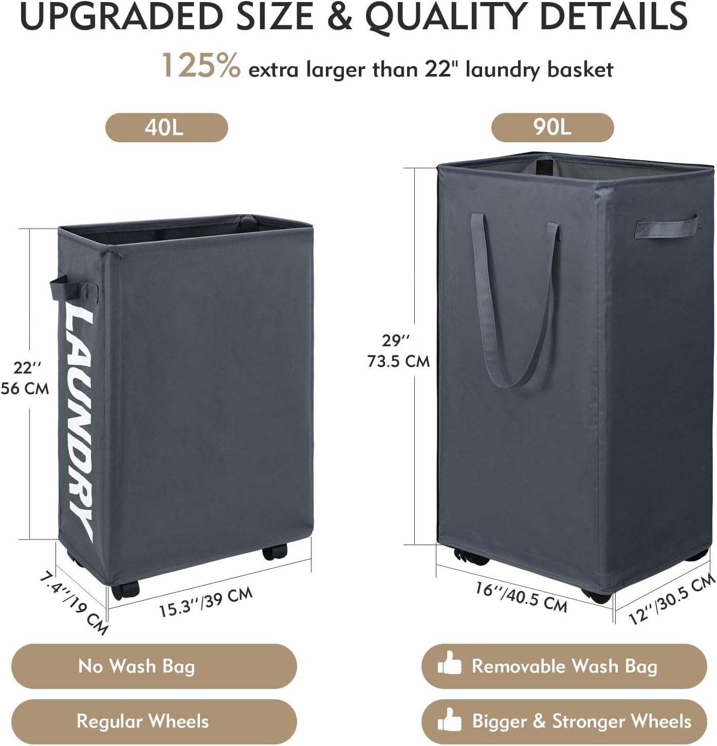 DOKEHOM 25" Slim Rolling Laundry Basket Hamper, Narrow on Wheels, Grey | Collapsible narrow laundry hamper with mesh drawstring closure. Foldable corner clothes storage bin for small spaces