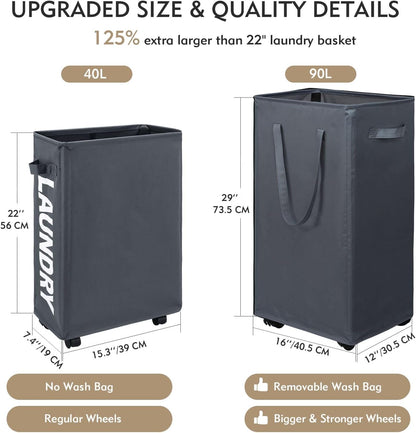 DOKEHOM 25" Slim Rolling Laundry Basket Hamper, Narrow on Wheels, Grey | Collapsible narrow laundry hamper with mesh drawstring closure. Foldable corner clothes storage bin for small spaces