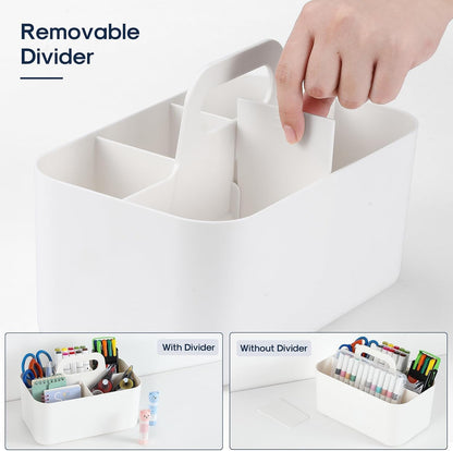 Multiuse Caddy Organizer with Handle, Portable Divided Plastic Tote Bin - Art Craft, Stationary Pen Marker Crayons, Makeup Hair Supplies Storage - Bathroom, Classroom, Dorm, Office, Desk Holder - Grey