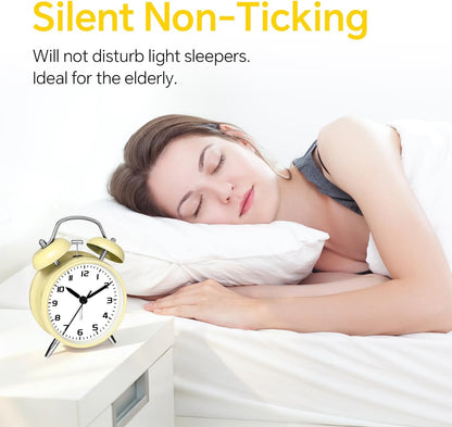 4.5" Metal Loud Alarm Clock for Heavy Sleepers Adults, Analog Battery Operated Alarm Clock with Bells Glow in Dark Numbers, Silent Old School Bedside Desk Clock for Bedroom Office Kids, Black