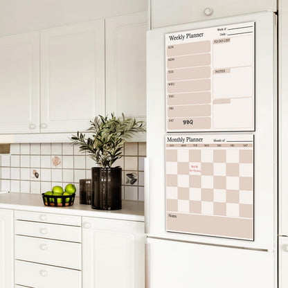 Fridge Calendar & Refrigerator Calendar Set, Magnetic Dry Erase Calendar Whiteboard with Monthly and Weekly Planner, Beige Checkered Fridge Calendar Magnet with 2 Markers and 2 Erasers