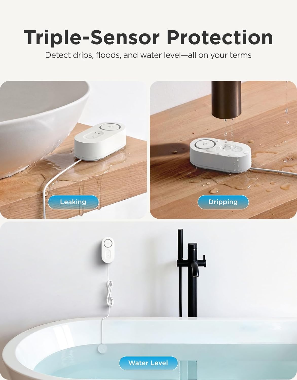 GoveeLife Upgraded Smart Water Leak Detector 1s with 4.92 ft Cable, 3 Pack | WiFi Water Sensor with SMS/Email/APP Push and Sound Alarm, 5Yr Battery Life, IP66, Suit for Home, Basement, Kitchen, Cabin/RV