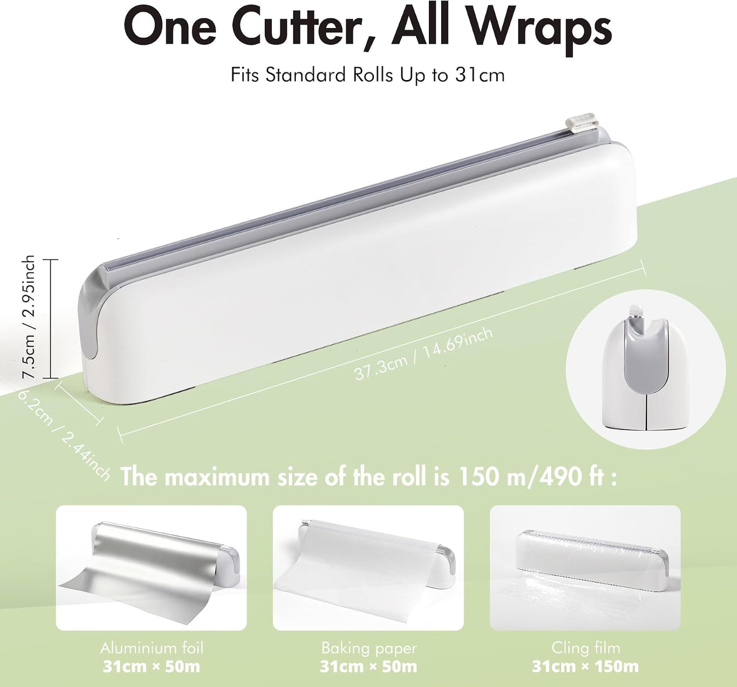 Aluminum Foil & Plastic Wrap Dispenser with Cutter - Easy One-Hand Operation, Space-Saving Kitchen Organizer for Worktops & Cabinets, Magnetic Cling Film Dispenser - Fits 12" Rolls, Gray