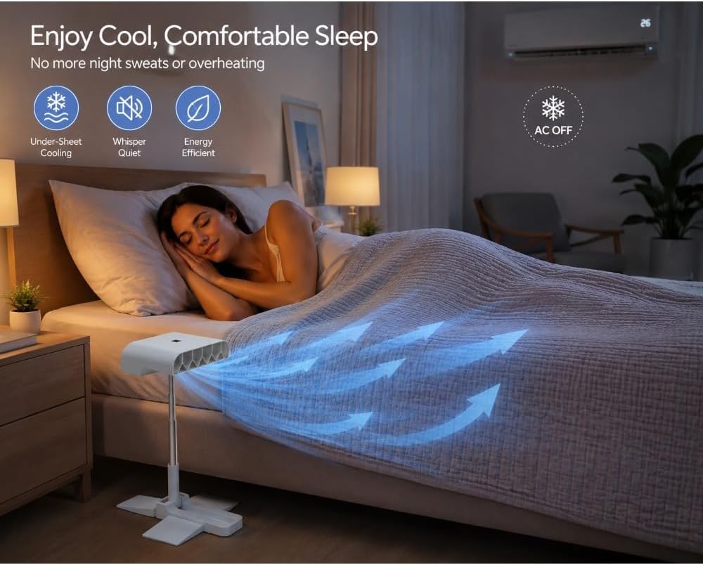 Rechargeable Cooling Bed Fan Under Sheets,Under Sheet Bed Cooling Fan for Hot Sleepers & Night Sweats,Fits all Mattress Heights,Adjustable Beds Coolings System with 5 Speeds and Remote (White)