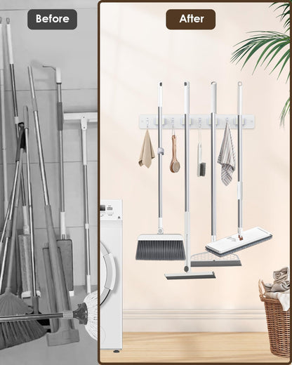 Broom Holder Wall Mount, 4 Holders 4 Hooks Mop and Broom Organizer | Mop Holder Wall Mount and Broom Hanger for Garage, Laundry Room, Kitchen and Utility Storage