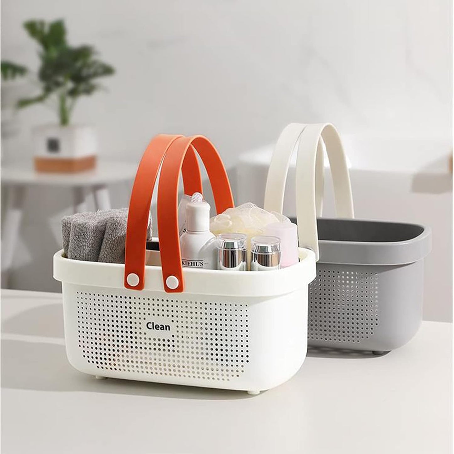 JiatuA Plastic Storage Basket with Handle Portable Shower Caddy Tote Organizer Basket Bin for Bathroom Kitchen Dorm Room Bedroom, Green | Sturdy Drainage Large Capacity Organizer Basket with Silicone Handles for Bathroom Kitchen Bedroom College Dorm