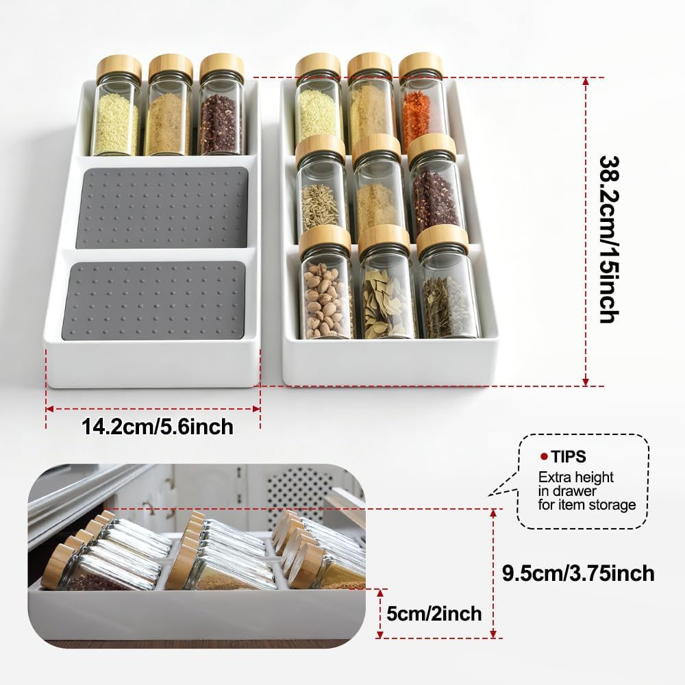 Small spice drawer organizer insert,1 pack,3 layer silicone non-slip mats, L15''xW5.6''xH2'',Kitchen drawers or countertops (jars not included),Expandable spice drawer organizer insert narrow