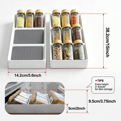 Small spice drawer organizer insert,1 pack,3 layer silicone non-slip mats, L15''xW5.6''xH2'',Kitchen drawers or countertops (jars not included),Expandable spice drawer organizer insert narrow