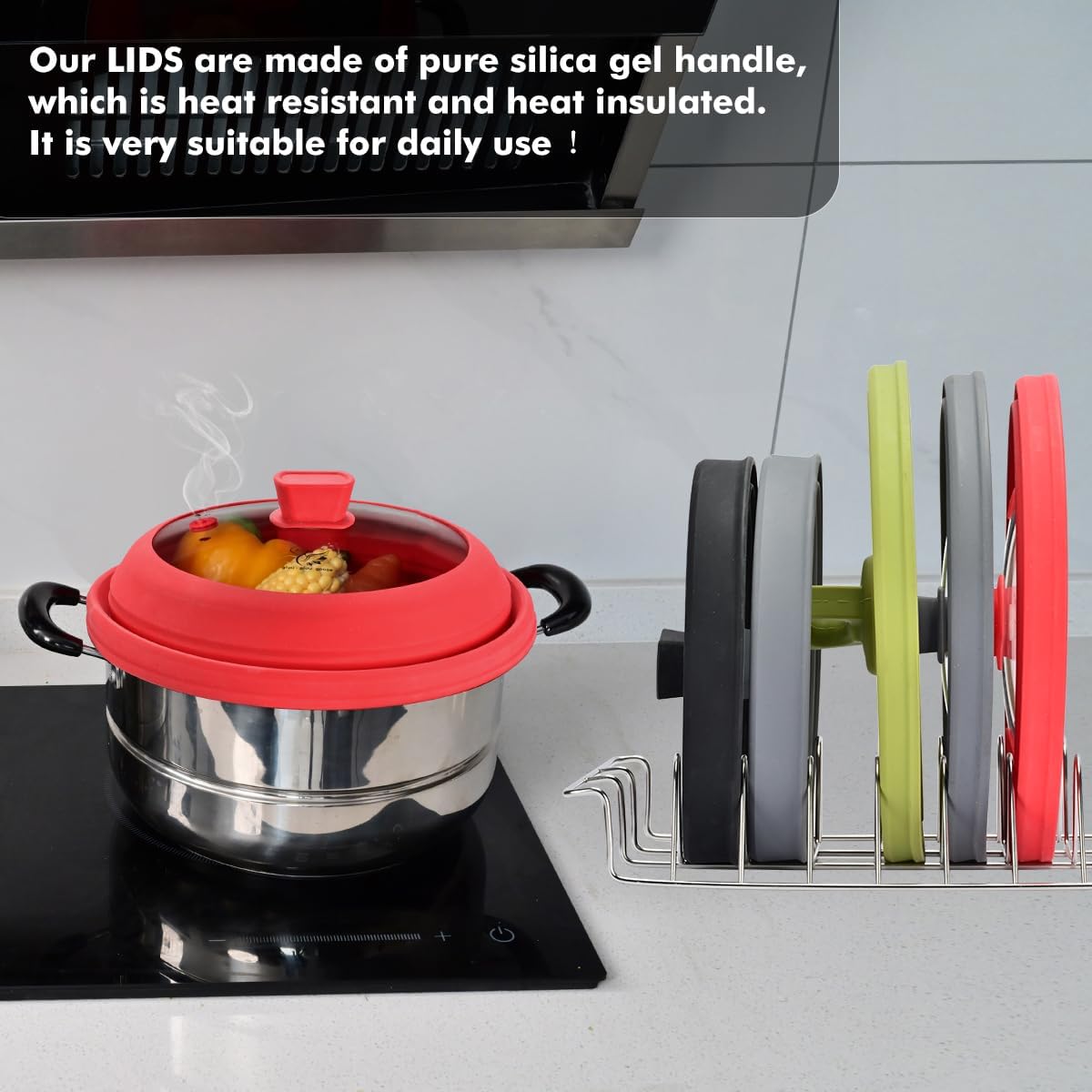 Microwave Splatter Cover Glass Splatter Guard Lid with Collapsible Silicone for Food Pot Cover Plate Cover 10.8 inch Black