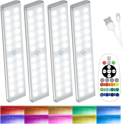 SZOKLED Motion Sensor Night Lights, 58-LED RGB Under Cabinet Lighting Wireless, 1100mAh Rechargeable Under Cabinet Lights Dimmable Closet Lights for Step, Stair, Kitchen,Hallway (2 Pack)