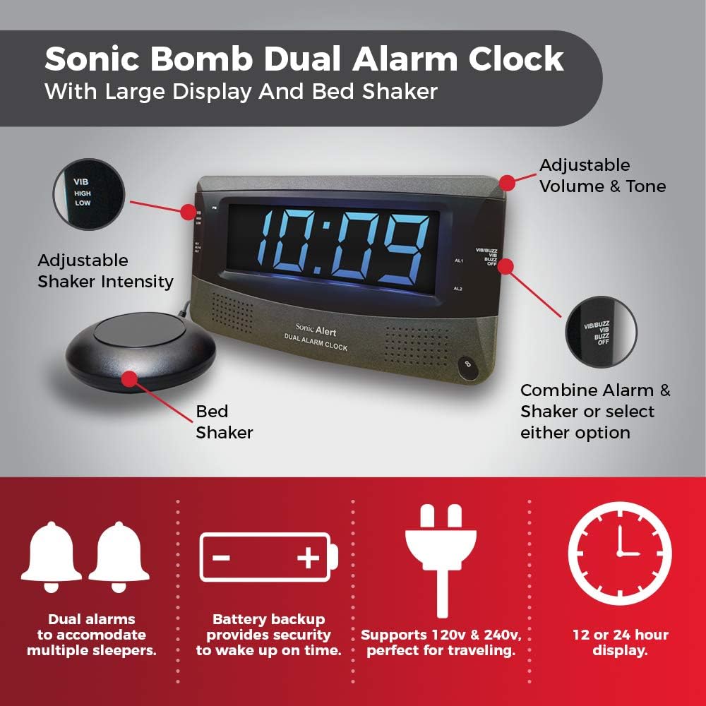 Sonic Alert Dual Extra Loud Alarm Clock with Bed Shaker Sonic Boom Vibrating Alarm Clock for Heavy Sleepers, Battery Backup | Wake with a Shake (Black)
