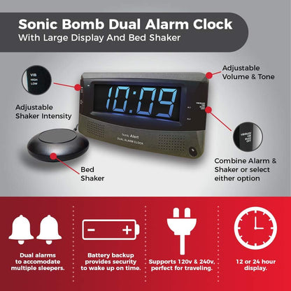 Sonic Alert Dual Extra Loud Alarm Clock with Bed Shaker Sonic Boom Vibrating Alarm Clock for Heavy Sleepers, Battery Backup | Wake with a Shake (Black)