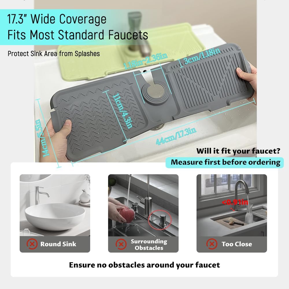 17.3" Silicone Faucet Mat for Kitchen Sink, Splash Guard with 2 Cleaning Brushes, Anti-Slip Suction Cups, 10° Slope Fast-Drain Countertop Protector, Grey