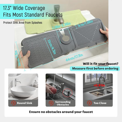 17.3" Silicone Faucet Mat for Kitchen Sink, Splash Guard with 2 Cleaning Brushes, Anti-Slip Suction Cups, 10° Slope Fast-Drain Countertop Protector, Grey
