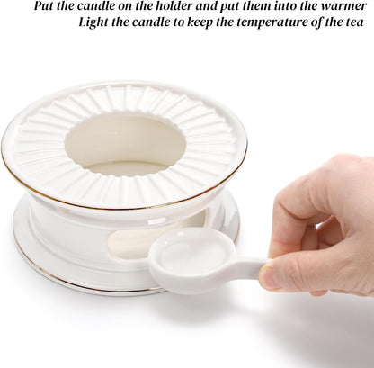 Ceramic Teapot Warmer, Gold Rim Teapot Heater with Tealight Holder | White Porcelain Tea Kettle Holder Warming Base for Heating Coffee, Milk, Water, Soup