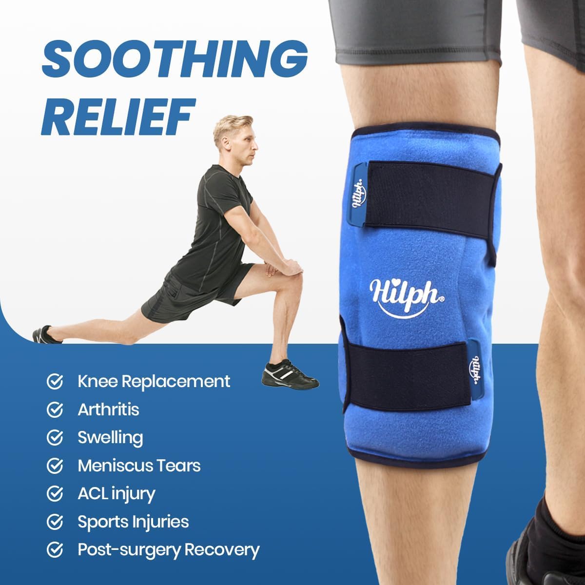 Hilph Ice Pack for Knee Pain Relief, Z-Shaped for Bendable & 360° Coverage | Easy Wear, Adjustable Cold & Compression Therapy Gel Ice Pack Wrap for Knee Replacement Surgery, Swelling, Meniscus Tear, ACL
