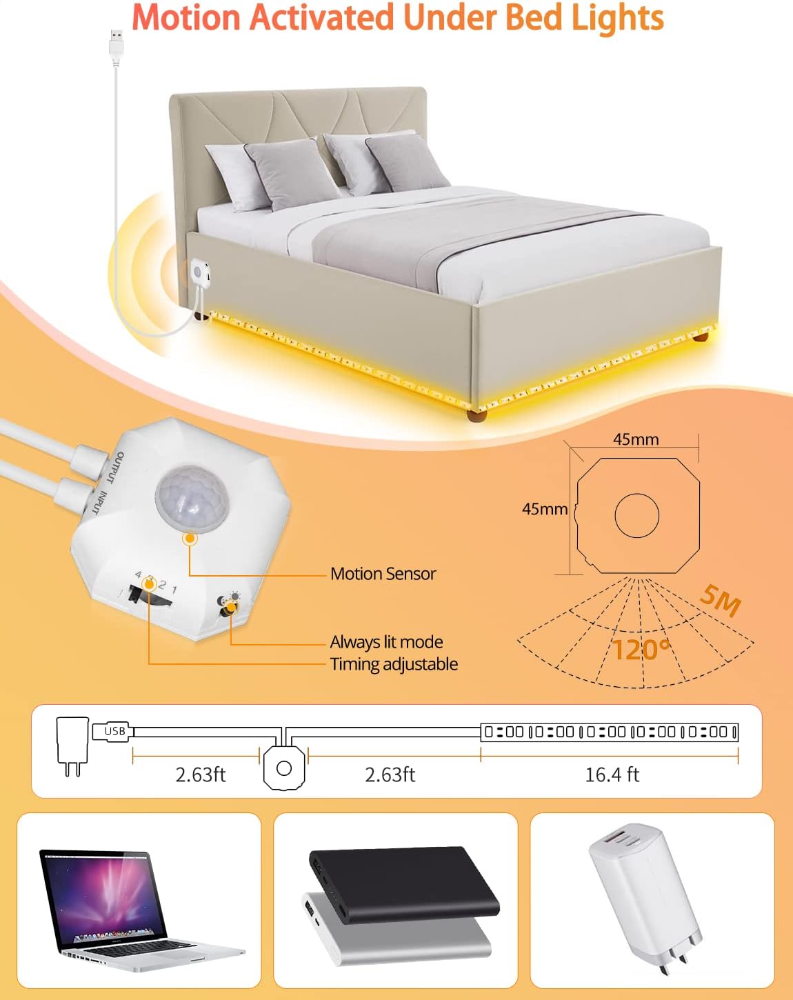 Daymeet Motion Sensor LED Strip Lights, 16.4ft RGB Motion Activated Under Bed Lights with Automatic Shut Off Timer App Control Cabinet Night Light Closet Lights for Hallway, Kitchen,Bedroom