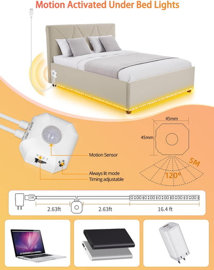 Daymeet Motion Sensor LED Strip Lights, 16.4ft RGB Motion Activated Under Bed Lights with Automatic Shut Off Timer App Control Cabinet Night Light Closet Lights for Hallway, Kitchen,Bedroom