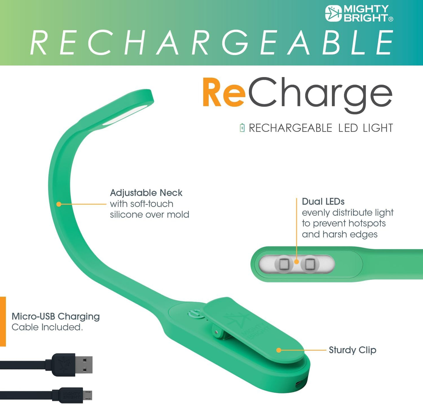 The Original Mighty Bright Recharge Clip On Rechargeable Book Light Reading Light, Warm Eye Care LEDs, Flexible, Durable, Dimmable, Perfect for Kids, Bookworms, Reading in Bed, Lasts 60 Hours (Green)