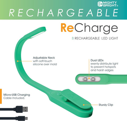 The Original Mighty Bright Recharge Clip On Rechargeable Book Light Reading Light, Warm Eye Care LEDs, Flexible, Durable, Dimmable, Perfect for Kids, Bookworms, Reading in Bed, Lasts 60 Hours (Green)