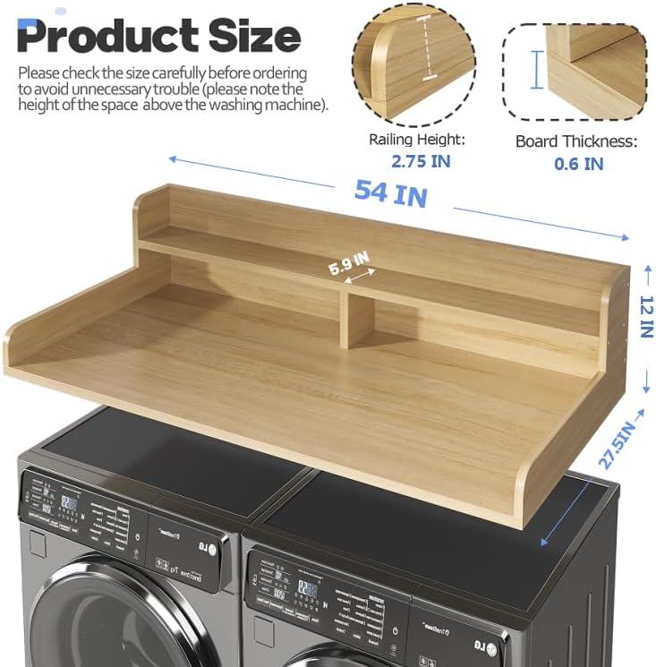2-Tier Washer and Dryer Countertop with 2.75" H Guard,54" W x 27.5" D Laundry Countertop Cover with Non-Slip Pad,Large Space Laundry Topper for Folding Clothes Over Washer and Dryer-White