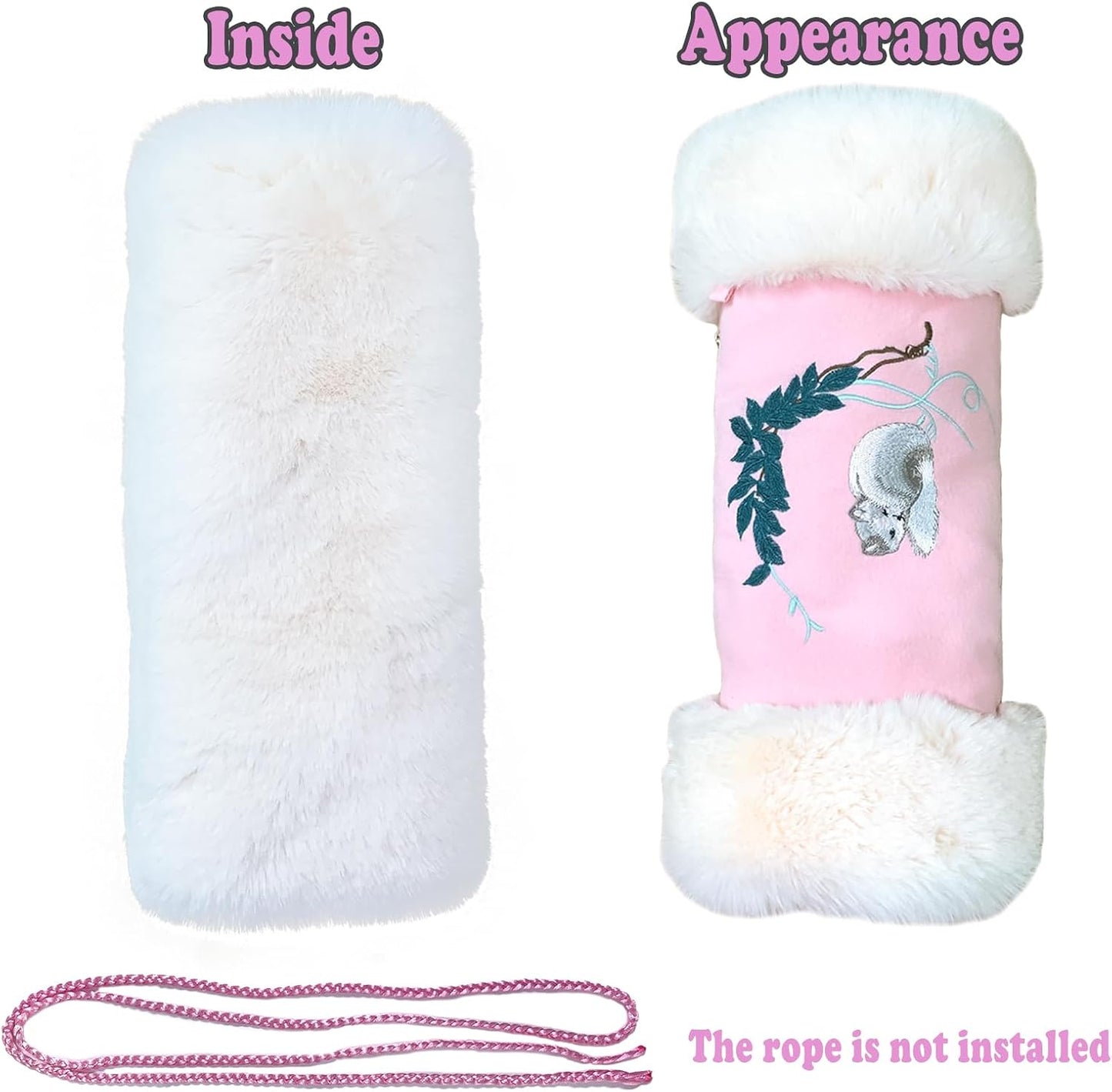 Faux Fur Hand Muffs for Women Girls, Portable Winter Hand Warmer Pouch with Pocket and Strap, Cute Pink Embroidery Pattern Hand Muffler for Cold Weather