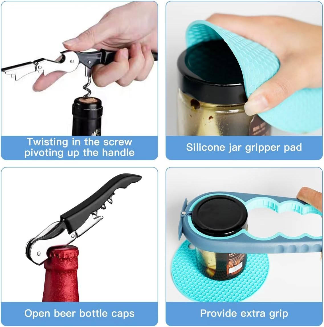 Larrycard Jar Opener,5piece multifunctional bottle opener set Suit | Effort saving 80%, material easy to clean, suitable for weak hands, suitable for multi specification bottle caps