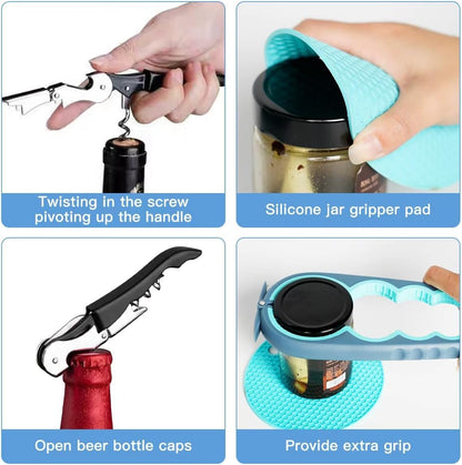 Larrycard Jar Opener,5piece multifunctional bottle opener set Suit | Effort saving 80%, material easy to clean, suitable for weak hands, suitable for multi specification bottle caps