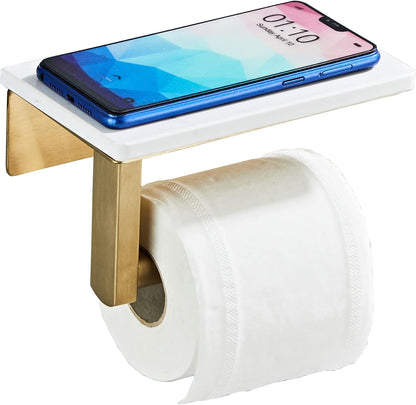 Brushed Nickel Toilet Paper Holder with Marble-Look Shelf, Wall Mounted SUS304 Stainless Steel Toilet Roll Holder with Phone Storage